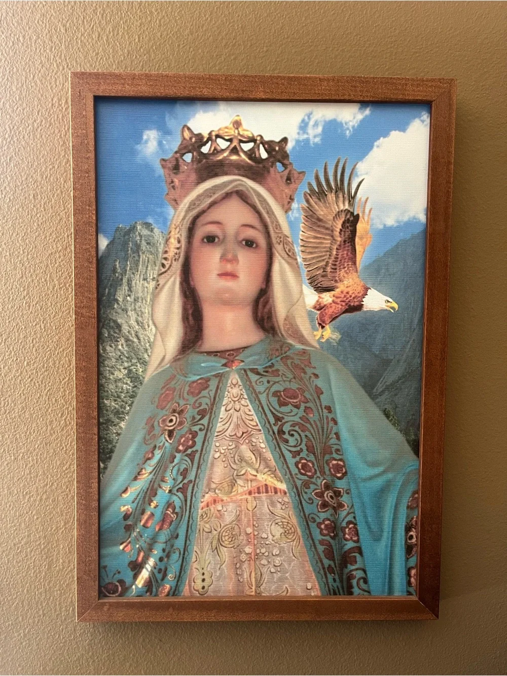 Blue Marian Religious Wall Art Print in Wooden Frame